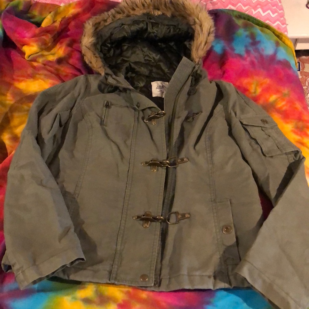 Old navy army green faux fur trim quilted jacket